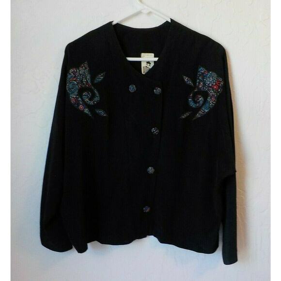 Vintage Fantazia Black Button Up Blouse Women size Large Floral Buttons Rayon - Picture 1 of 9